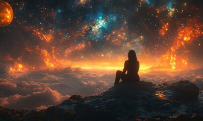 Silhouette of a woman gazing at a vibrant cosmic landscape
