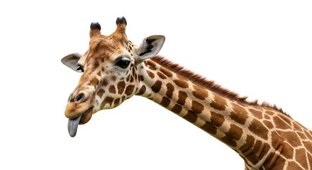 Naklejka premium Funny Giraffe Portrait Isolated on White Background Expressing Playfulness and Humor Showing Tongue Cute Animal in Studio Wildlife Mammal Headshot with Long Neck