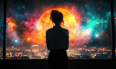 Woman gazing at a cosmic view