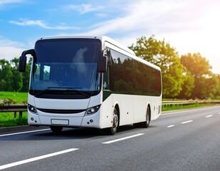 Fototapeta premium White bus on highway, sunny day