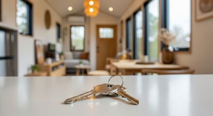 A set of keys on a counter, with a blurred background of a house, representing a new, smaller home