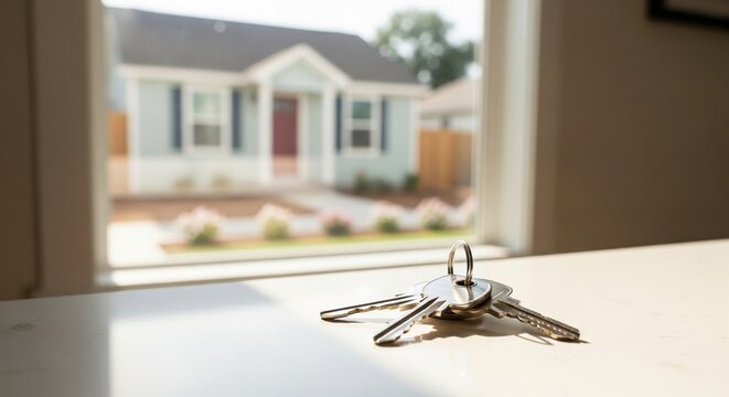 A set of keys on a counter, with a blurred background of a house, representing a new, smaller home