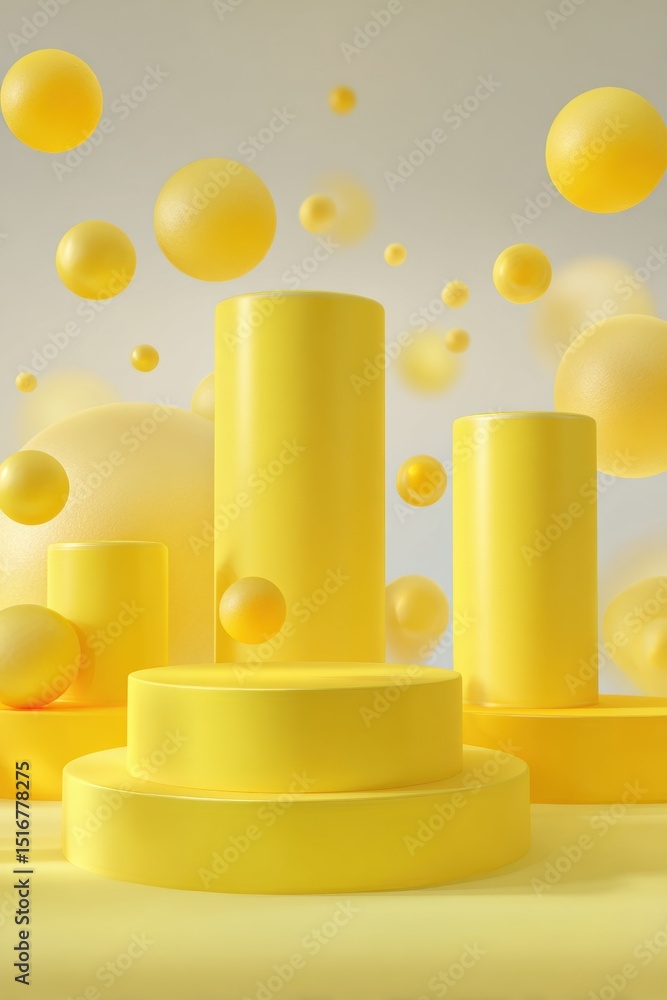 Poster modern 3d rendering of yellow product podiums with floating spheres