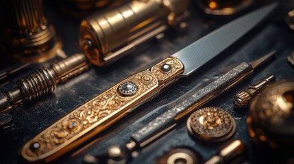 Ornate gold-plated pocket knife surrounded by brass mechanical components