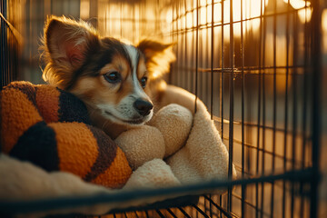 Open pet crate with cozy blanket and toys
