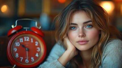 Woman resting, looking at the camera, vintage clock in the background