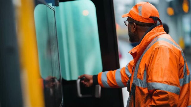 Electric train engineer mechanic staff worker with design plan for maintenance schedule check train running service in train factory workshop.