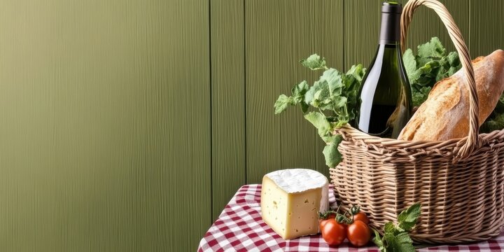 Picnic basket containing a bottle of champagne, a baguette,a greens, and cheese. The basket is on a red and white checkered tablecloth and green background.