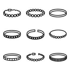 Diamond Bracelet Icons. Outline icon set of diamond tennis bracelets: classic link, bezel link, channel link, bangle style, hinged