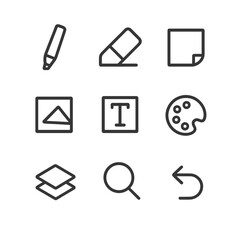 Digital Whiteboard Icons. Outline icon set of digital whiteboard tools: marker pen, eraser, sticky note, shape tool, text box,
