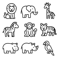 Jungle Safari Icons. Outline icon set of jungle safari coloring worksheet: lion, elephant, giraffe, zebra, monkey, tiger, hippo,