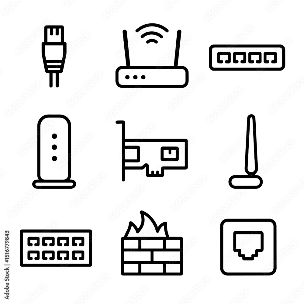 Poster network essentials icons. outline icon set of computer networking essentials: ethernet cable, wirele