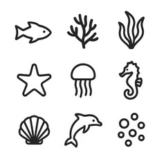 Marine Life Icon Set. Outline icon set of marine life diversity: fish silhouette, coral branch, seaweed frond, starfish, jellyfish
