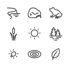Fototapeta premium Moonlit Forest Icons. Outline icon set of forest pond under moonlight: pond edge, mossy rock, frog silhouette, cattail, moon halo,
