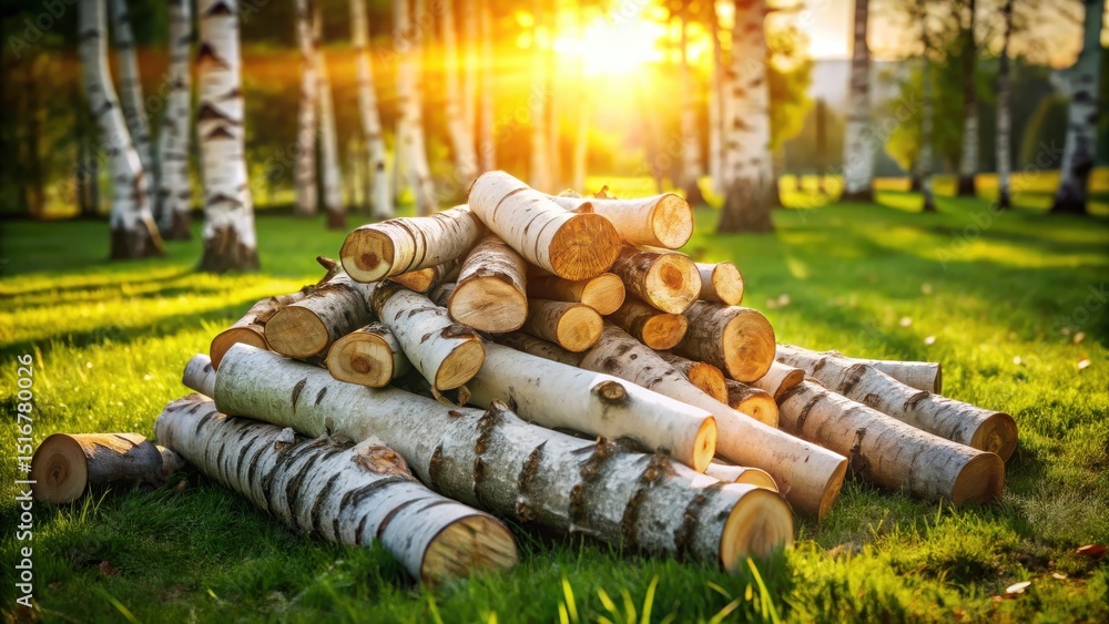 Poster sunlit birch logs resting on lush green grass in a tranquil forest setting