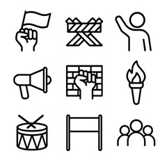 Revolution Icon Set. Outline icon set of revolution uprising flag hoist: clenched fist holding flag, barricade, protester