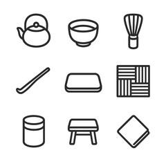 Tea Ceremony Icons. Outline icon set of tea ceremony corner: tea kettle, matcha bowl, bamboo whisk, tea scoop, wooden tray, tatami