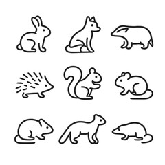 Woodland Creature Icons. Outline icon set of woodland burrow creatures: rabbit, fox, badger, hedgehog, squirrel, wood mouse, vole,