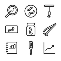 Worm Research Tools Icons. Outline icon set of worm research tools: magnifying glass, petri dish, soil sampler, microscope slide,