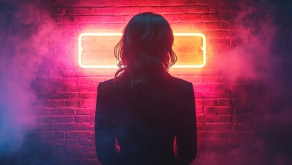 Backlit woman against a brick wall with neon sign
