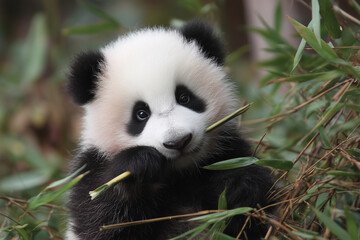 Obraz premium A baby panda is sitting on a log and eating bamboo. Concept of innocence and curiosity, as the baby panda is exploring its surroundings and enjoying its meal