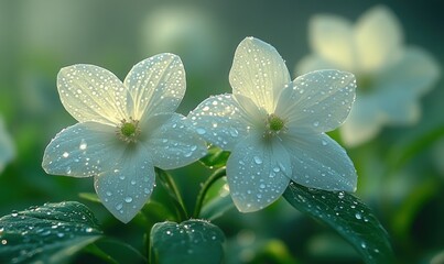 Delicate white flowers with morning dew drops