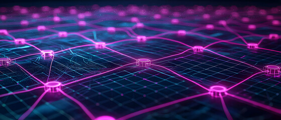 Abstract Digital City Network Glowing Pink And Purple Lines
