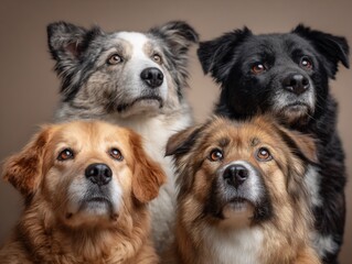 Loyal pack of dogs gazing upward