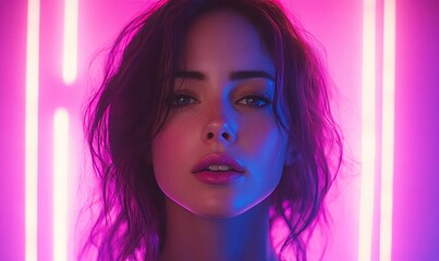 Digital art portrait of a young woman in vibrant neon lighting