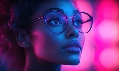 Close-up of a woman with vibrant neon lights