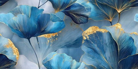 Elegant Blue and Gold Floral Design Abstract Art Print for Home Decor