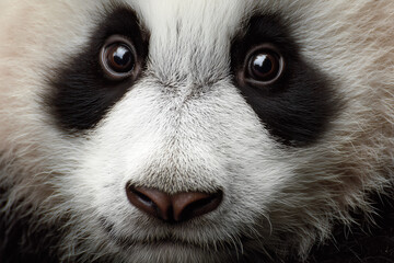 A panda bear with black and white fur and a black nose. The bear has a curious look on its face