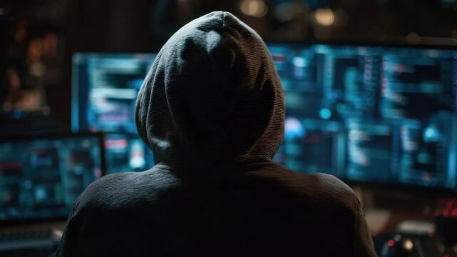 Hacker arriving in secret base with laptop, ready to start programming viruses. Scammer in criminal den opening notebook to exploit network servers and bypass security measures, camera B