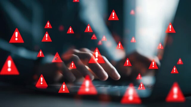 Alert warning exclamation mark symbol and man typing computer keyboard. Hands on laptop. Network, cyber technology and background abstract concept 3d illustration.