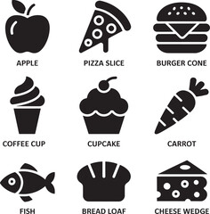 Black and White Food Icons Set Vector Illustration Delicious Apple Pizza Slice Burger Cone Coffee Cup Cupcake Carrot Fish Bread Loaf Cheese Wedge