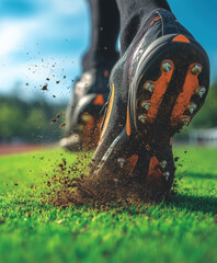 Close up of soccer cleats kicking up dirt on the field during a sunny day