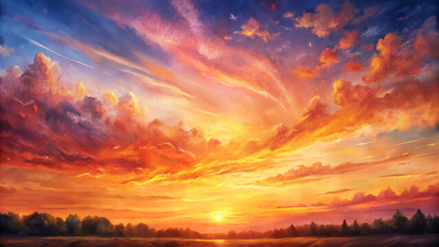 Vibrant sunset landscape painting dramatic sky colorful clouds