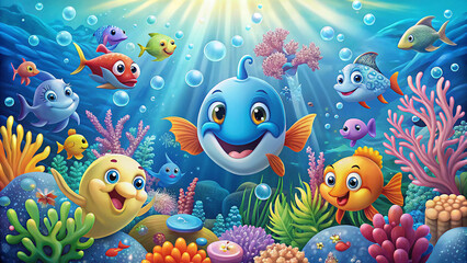 Colorful cartoon fish underwater scene ocean life