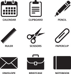 Flat Vector Icons Set of Office Supplies on Black Background for Business and Education Projects, 110 Characters
