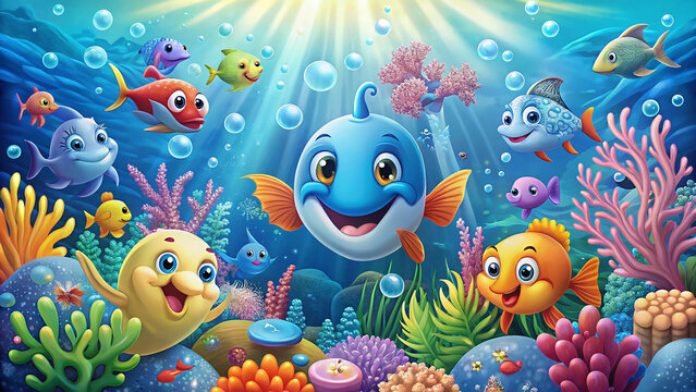 Fototapeta Colorful cartoon fish underwater scene ocean life
