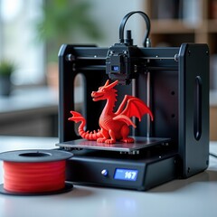 A 3D printer with a printed object made of red plastic - dragon, on the background of nanotechnology and modernity