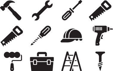 Flat Vector Icons Set Tools Hammer Wrench Screwdriver Saw Drill Helmet Toolbox Ladder Nail Roller Brush