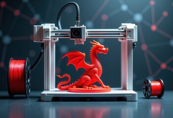 A 3D printer with a printed object made of red plastic - dragon, on the background of nanotechnology and modernity