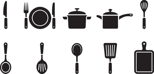 Monochrome Kitchen Utensils Icons Set Black Background, Knife, Fork, Plate, Pot, Pan, Whisk, Ladle, Spoon, Spatula, Board