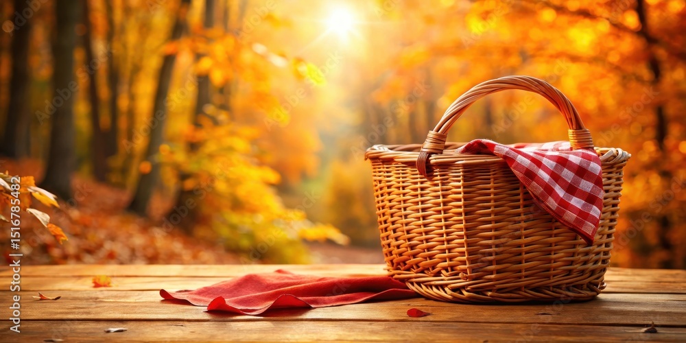 Poster autumnal picnic basket scene rustic woven container with checkered cloth on wooden table in a golden