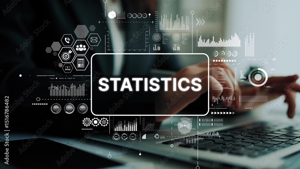 Poster professional analysis of statistics presentation with technology elements in modern office environme