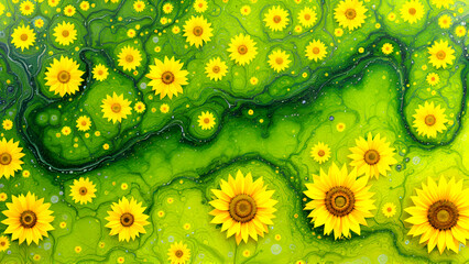 Yellow Sunflower Field: Abstract Green Marble Floral Pattern.
Vibrant Floral Design: Abstract Sunflower Landscape.
Cheerful Sunflower Art: Green Marble Texture Background.
