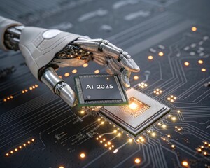 Robotic Hand Holding AI 2025 Chip on Glowing Circuit Board