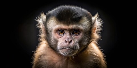 Naklejka premium A Young Primate's Intense Gaze A Close-Up Portrait Against a Dark Background