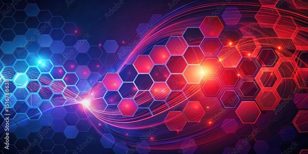 Aufkleber abstract hexagon network data flow visualization featuring vibrant red and blue hues